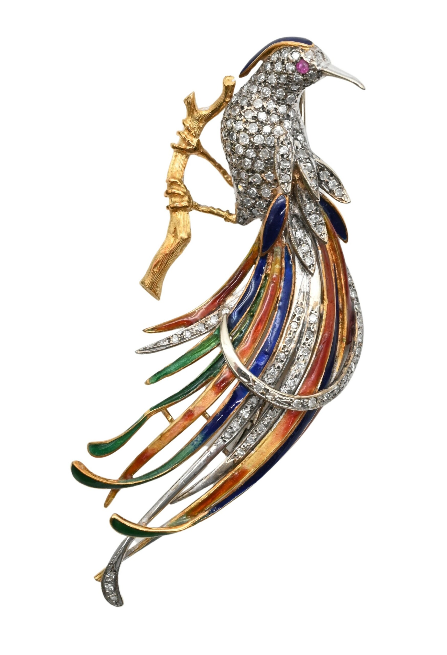 18K Diamond & Enamel Bird Brooch