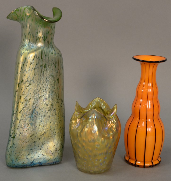 Lot 465: Three Loetz art glass vases including tall green